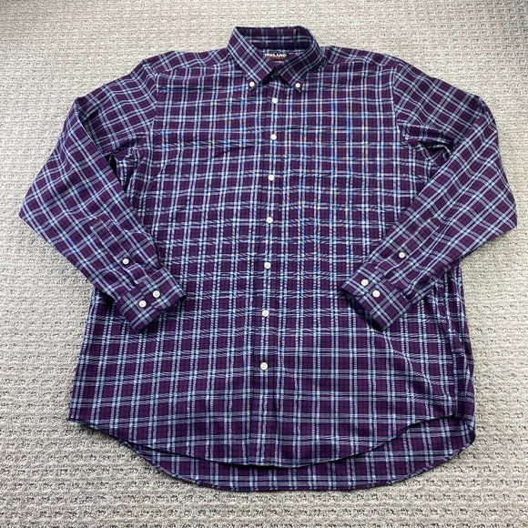 Button Down Shirt Men Extra Extra Large XXL Burgundy Blue White Plaid Kirkland - Picture 1 of 9